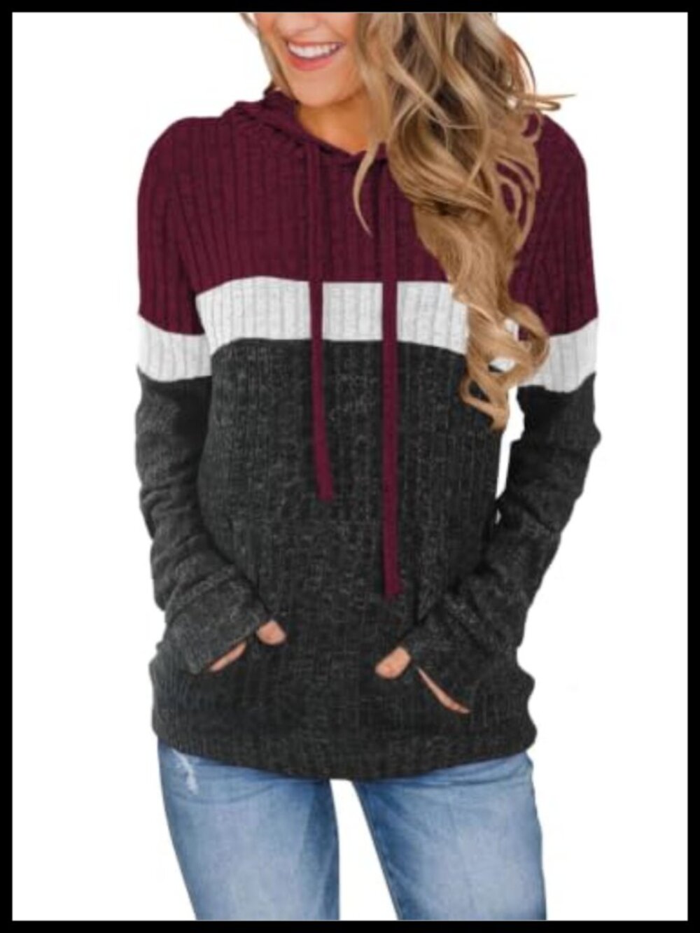 Women's Color Block Knit Hoodie Long Sleeve Pullover Sweater with Pocket